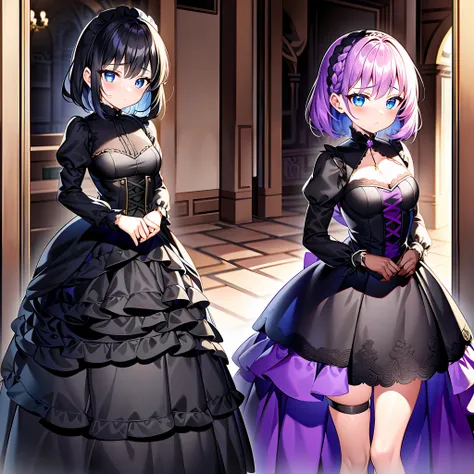 young girl, girl 16 years old, small girl, small and beautiful breasts, girl with short black hair, braid on the right side of the head, big and striking eyes, sky blue eyes, girl wearing gothic style dress with skirt up to the knees, gothic dress up to th...