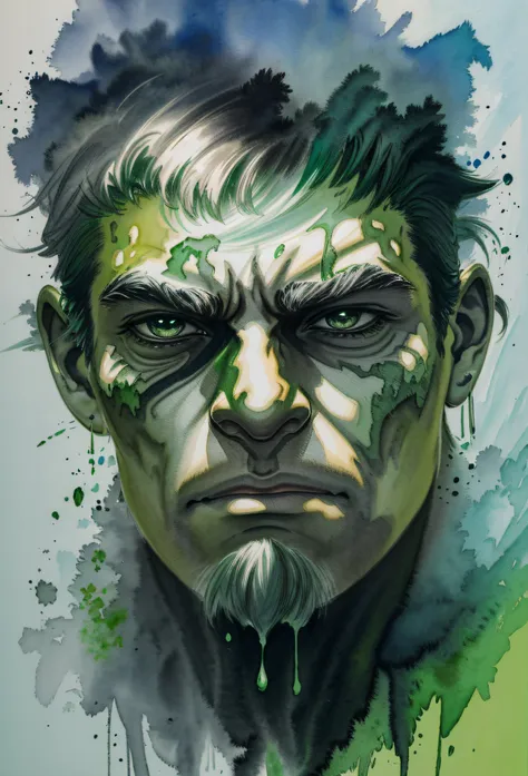 (watercolor (medium), drawing, IrisCompiet: 1.2), Hulk painting, fierce, grayish and green skin, fur with more green, acrylic brushstrokes, spatulate technique, acrylic paint, acrylic spatulate, 32k, brushstrokes