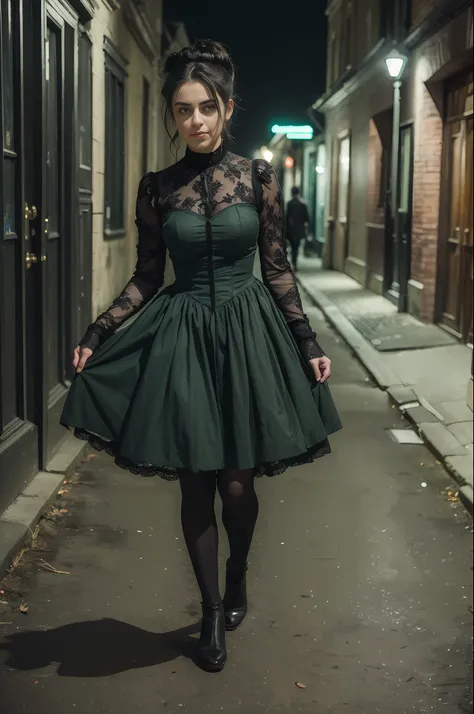 ((artistic photography)))dark green sensual victorian dress,((night photography))lauren jauregui,((urban installation))full scal...