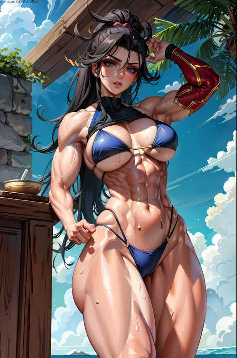 (masterpiece:1.2), (best quality:1.2), perfect eyes, perfect face, perfect lighting, 1girl, mature female lifting weight, long hair, bored, pompadour cut, muscular, toned, navel, abs, sweat, thick thighs, broad shoulders, arm muscles, leg muscles, slutty b...