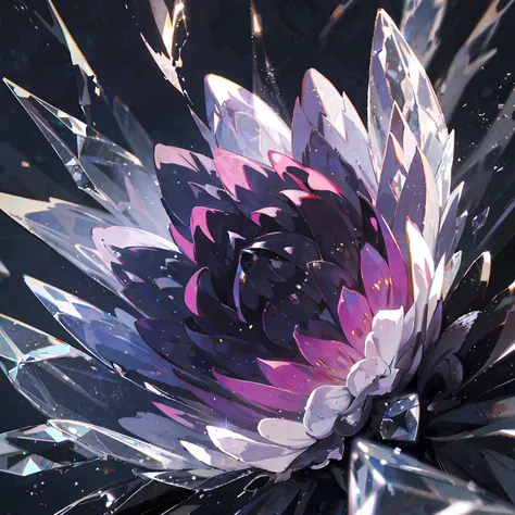 macro, anime style, a glorious void-infused black peony, frozen, frost coating, beads of condensation, crystal and sparks in the air, gilded, backdrop volumetric void-light, sublime, delicate, beautiful, intricate details, highly detailed, high-res, vivid ...