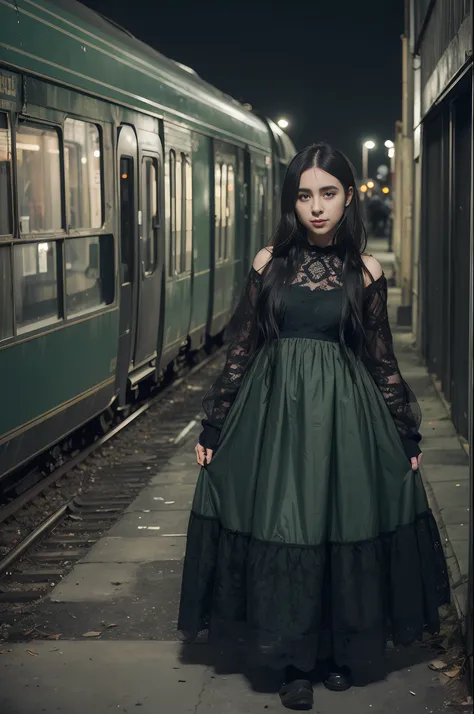 ((artistic photography)) dark green sensual lolita dress, abandoned city and next to or train in an environment of ((night photo...