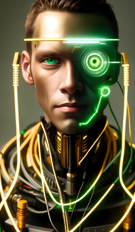 portrait of cyborg man, green eyes, monkey, model face, exposed wires, gold oil escaping from rusty wires