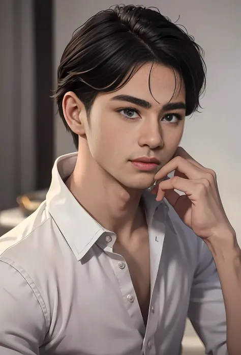 masterpiece, best quality, (realistic, very detailed), boy, handsome asian face, ((delicate face)), short black hair, delicate a...