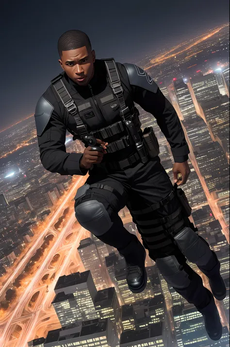 black man flying at 100 meters high, he has short military style hair, low fade, buzzcutt, buzz cutt, about 35 years old, wearin...