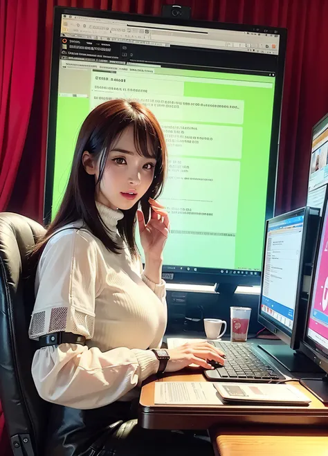 ((Best quality)), ((masterpiece)), (highly detailed:1.3), 3D, beautiful (cyberpunk:1.3) female hacker with thick voluminous hair operating a computer terminal, computer servers, LCD screens, fibre optic cables, corporate logos,HDR (High Dynamic Range),Ray ...