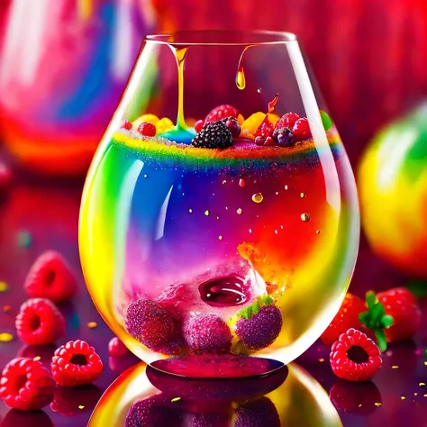 a close up of a glass covered in paint, vibrant colors hyper realism, colorful hyperrealism, berries dripping juice, viscous rainbow paint, vibrant realistic colors, rainbow liquids, juicy color, cinema 4d colorful render, colorful art, dripping colors, re...