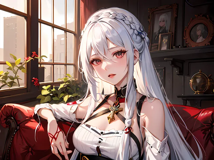 anime - style image of a woman with long white hair sitting on a red couch, from girls frontline, girl with white hair, fine details. girls frontline, from the azur lane videogame, cushart krenz key art feminine, portrait of lolita, girls frontline style, ...