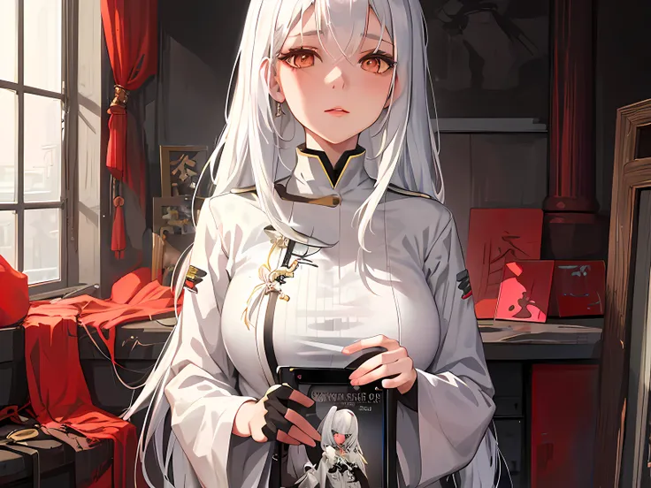 anime girl holding a picture of herself in a room, from girls frontline, girl with white hair, kawacy, fine details. girls frontline, girls frontline cg, detailed digital anime art, anime visual of a cute girl, anime visual of a young woman, kantai collect...