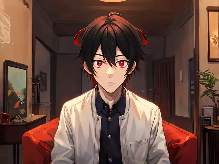 Anime characters sitting dumbly on red couch in the room, young anime people, anime moe art style, todays featured anime stills, Gapmoe Yandere, male anime characters, red glowing eyes, smooth anime CG art, Soejima Shigeri illustrations, TV anime stills, Y...