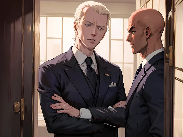 anime image of two men in suits standing in a hallway, agent 47 in a scene from naruto, joe biden as a jojo character, goro and kunkle, highly detailed exquisite fanart, joe biden as an anime villain, anime joe biden, bald head and menacing look, epic and ...