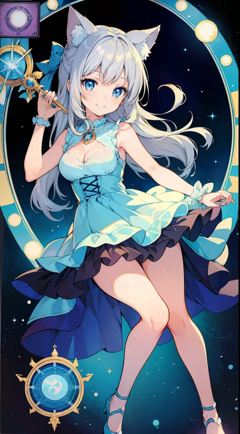 (Masterpiece), (Top Quality Anime Illustration), (Super Definition), One Girl, Solo, Silver-haired Beautiful Girl, Anime Loli, Cat Ear Loli, Light Color Light Blue See-Through Dress, Sleeveless, Smile, Cleavage Enhancement, Lower Breast Enhancement, Thighs...