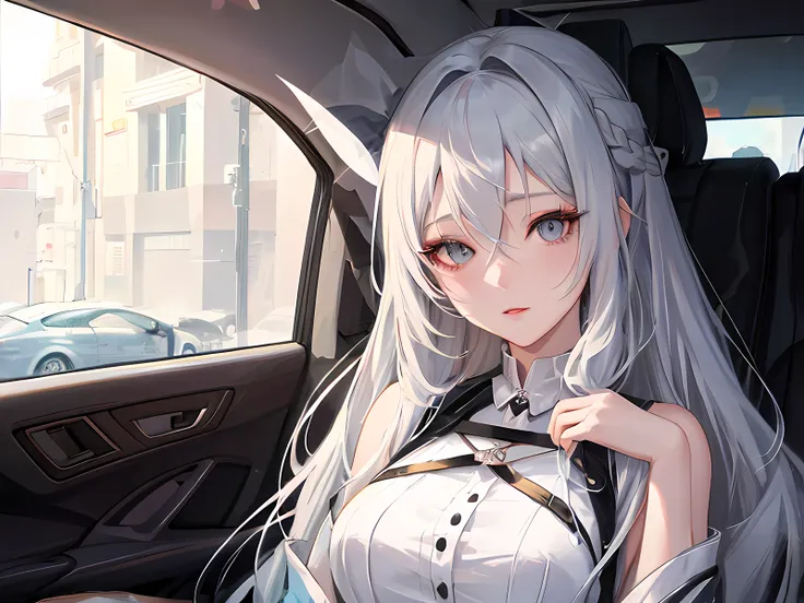 anime girl with long gray hair sitting in a car, smooth anime cg art, beautiful anime portrait, detailed digital anime art, girl with white hair, realistic anime artstyle, anime visual of a cute girl, perfect white haired girl, digital anime illustration, ...