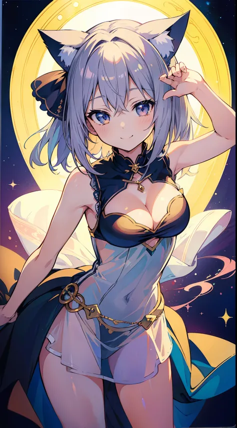 (Masterpiece), (Top Quality Anime Illustration), (Super Definition), One Girl, Solo, Silver-Haired Beautiful Girl, Anime Loli, Cat Ear Loli, See-Through Dress, Sleeveless, Smile, Cleavage Emphasis, Lower Breast Enhancement, Thighs, Tarot Card Style, Hermit