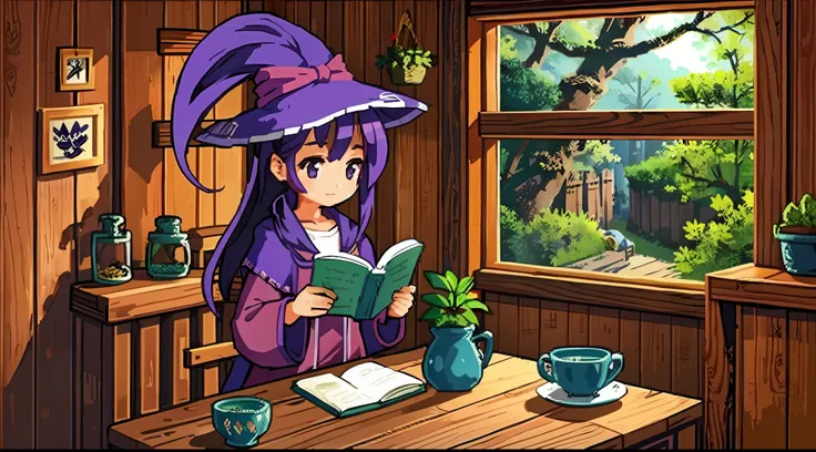 a girl, purple hair, high ponytail hairstyle, witch, in the hut, small wooden table, sitting on a wooden chair, reading, potted ...