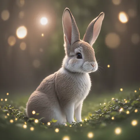 close up photo of a rabbit in enchanted forest, clean background, depth of field, large aperture, photography, night, fireflies,...