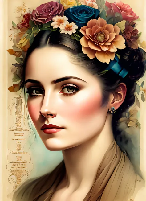 charlie bowater realistic lithography sketch portrait of a woman, flowers, [gears], pipes, dieselpunk, multi-colored ribbons, ol...