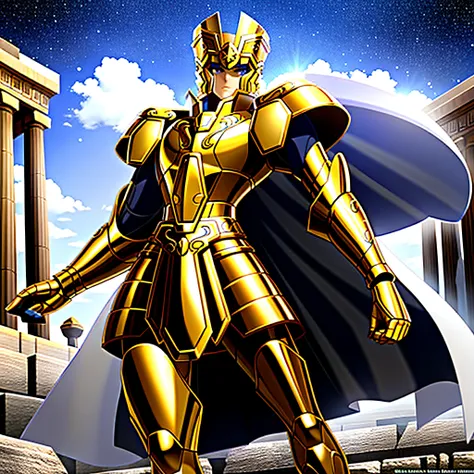 gemini_saga, gold armor, a boy, armor, dramatic sky, looking at the viewer, armor, mouth closed, upper body, serious, helmet, on...