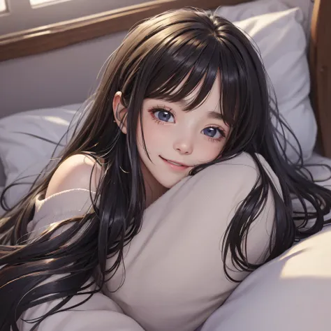 ((top quality, 8k, masterpiece: 1.3)), girls, teens, bed, sleeping, long hair, black hair, small body, small, very detailed face...