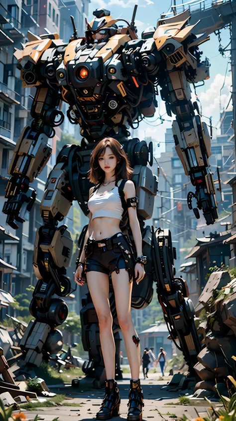 ((masterpiece, best quality)),illustration,ultra detailed 8k,photorealistic,sharp focus,highly detailed,professional lighting,colorful details,iridescent colors BREAK extreme long shot of a factory,large mechanical robot construction,microchip,computer,glowing,intricate details,shitu-mecha,1girl is standing in front of the audience,Navel