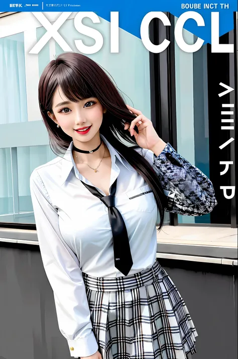 masterpiece, best quality, full body, 1girl, bangs, black choker, black necktie, black hair, blue skirt, blush, bracelet, breast...