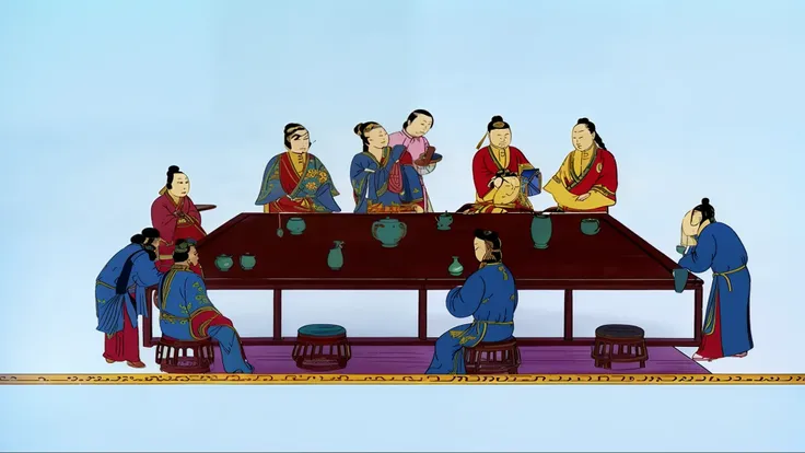 ten people, chinese qing dynasty, sat around the table