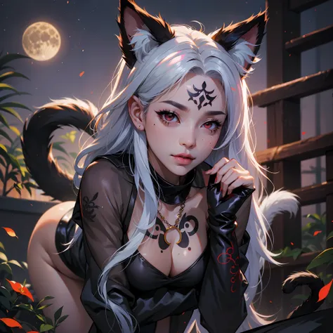 a photo of a sexy asian girl in a sexy outfit and with tattoos, 1girl, moon, animal ears, breasts, red eyes, full moon, tail, cat ears, mole on breast, cat tail, night, cleavage, all fours, mole, solo, long hair, outdoors, white hair, looking at viewer, ca...