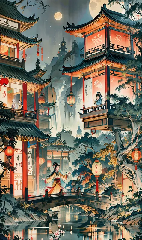 1girl,chinese clothes, hanfu,lantern,city, East Asian architecture,garden,street,building on mountain,light particles,firefly,night:1.5,moon,star,river, nature,neon lights,cyberpunk,outdoors,(Masterpiece, best quality, very detailed CG, complex details: 1....