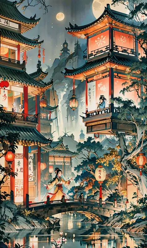 1girl,chinese clothes, hanfu,lantern,city, East Asian architecture,garden,street,building on mountain,light particles,firefly,night:1.5,moon,star,river, nature,neon lights,cyberpunk,outdoors,(Masterpiece, best quality, very detailed CG, complex details: 1....