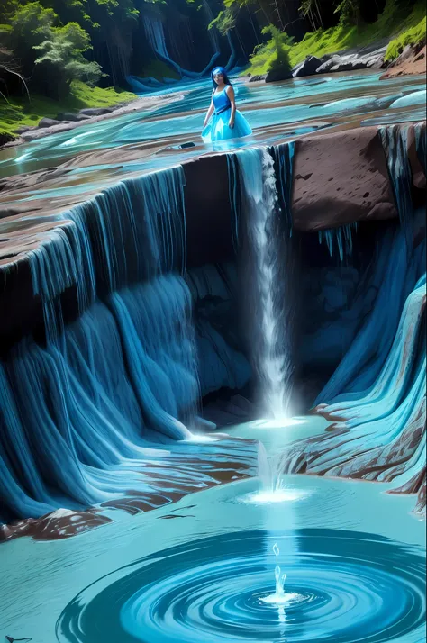 (menina por fullwater:1), (liquid body, liquid, water, pele azul: 1), em cachoeira, fundo de fantasia, blue lighting, artistic, ...