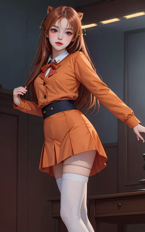 ibalance:1.2 standing_split, standing_on_one_leg, leg_up Holding leg, best quality, high detailed, Faint lips,UC:realistic, cinematic lighting kawaii cute 1girl 16yo hazel hair orange eyes, whiskers school_Uniform thighhighs loafer