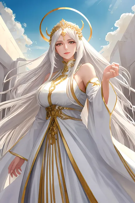 (masterpiece, best quality), 1girl, mature female, long white hair, white clothes, bare shoulder, greek clothes, golden eyes, bi...