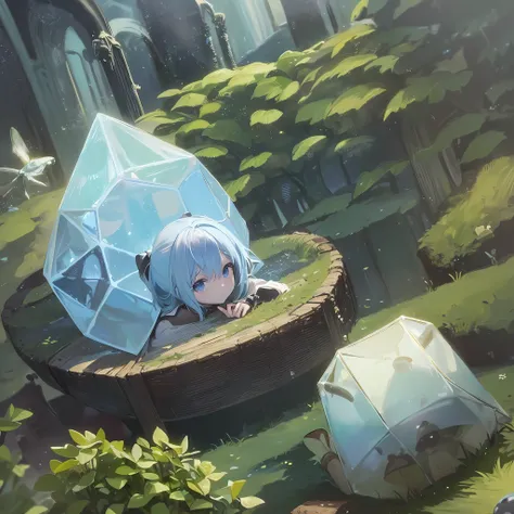 1girl, cirno, crystal wings, blue hair, blue eyes, puffy short sleeves, ((cirno with frog frozen in a cube)), masterpiece in the...