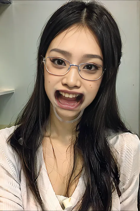 Big mouth、An ultra-detailed mouth、An ultra-detailed teeth、An ultra-detailed tongue、Cloth underwear、It is well wet、Glasses、hairpin、Face View、high school girls、Fashionable hairstyle、thin lips、Mole、freckle