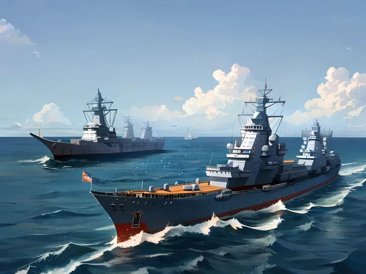 Naval ships of Araffard in the ocean,Blue sky in the background, warships, guangjian, realistic warship design, warship,