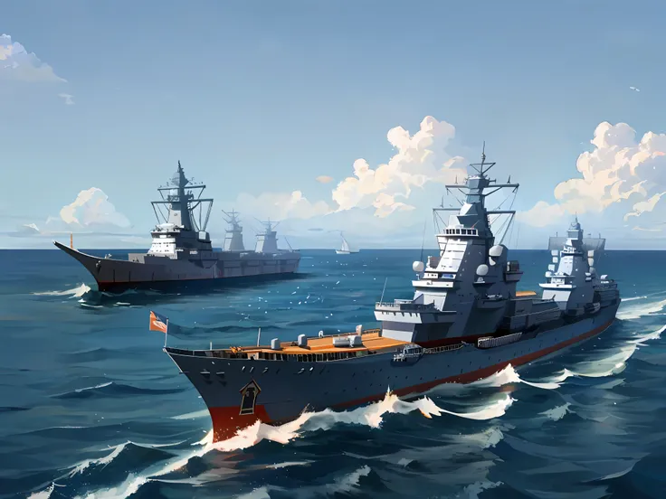 Naval ships of Araffard in the ocean,Blue sky in the background, warships, guangjian, realistic warship design, warship,