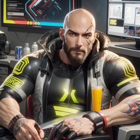 Homem careca, barba curta, 25 anos, cyborg, fisiculturista, sentado em uma cadeira gamer, olhando pra camera, ao fundo varios computadores estilo cyber punk, Standard eSports Room, ultra realistic painting Highly detailed face painting Cinematic lighting 8...