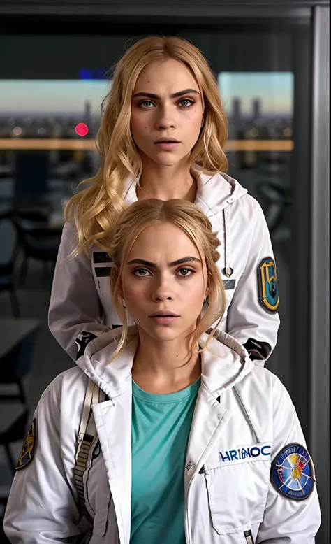 blonde hair, style-bladerunner2049-8v:0.7, uma foto realista de 1 mulher, sexy woman cara delevingne in white military style gam...