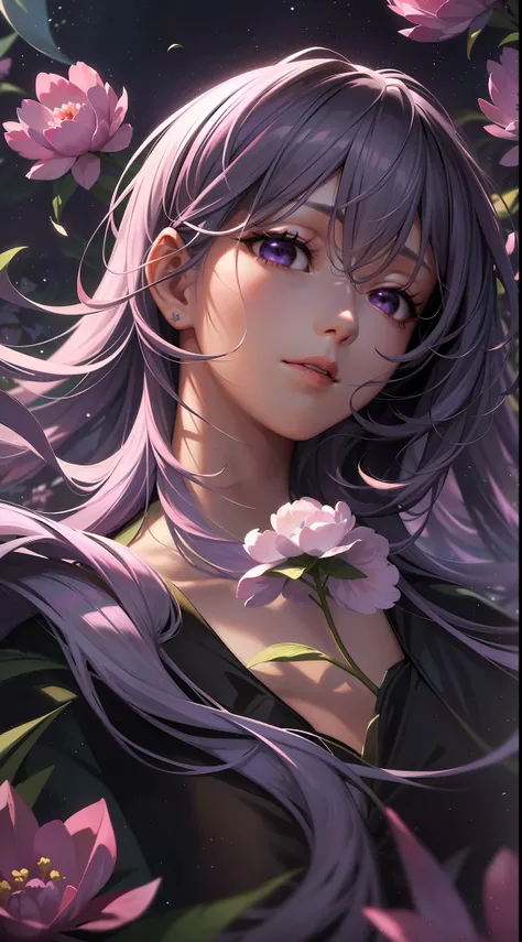 starry sky, moon, clouds, maiden looking up at the starry sky, long hair, field, (((blue-purple lot))), ((peony flowers a lot)),...