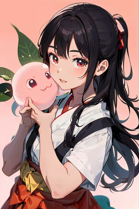 (masterpieces、maximum quality)、one　girl、dark black hair、holding a peach with both hands next to the face、red hakama、white haori、...