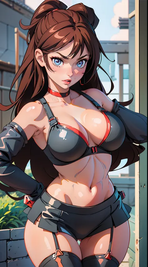 1 girl, action pose, lewd face, sexy, cleavage, brown hair, brunette, blue eyes, collar, black bikini, black skirt, black pantie...