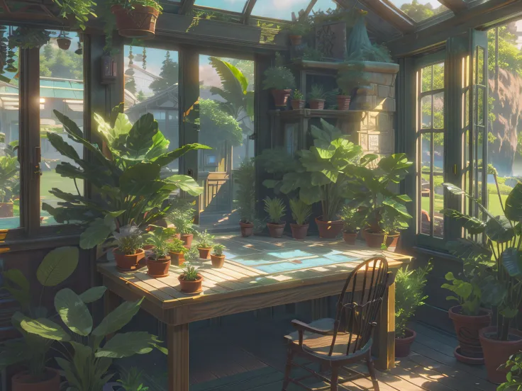 conservatory, there is a work table and a water pine board, gunpla, lots of plants, sun exposure, new sea city animation style