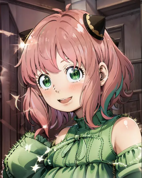 an anime girl with pink hair and green eyes、(1girle:0.992)、(:d:0.583)、(bangs:0.701)、(blush:0.584)、(green eyes:0.992)、(looking at...