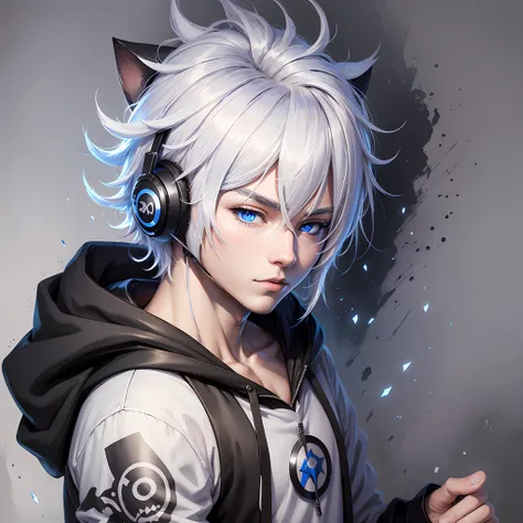 anime boy,black masker,white hair,cool style, blueanime boy,black masker,white hair,cool style, blue eyes,headset cat,hoodie gam...