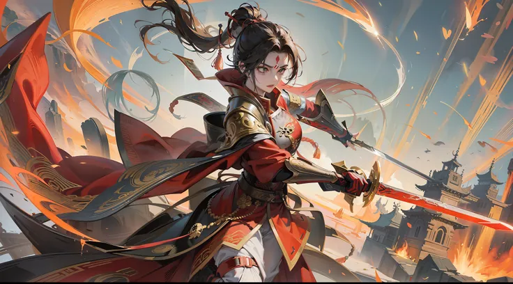Chinese style, ancient battlefield, an ancient Chinese female general, holding a sword in her hand, grim expression, full body, amazing facial features, red robe, armor, boots, yellow sand in the sky, fleeing crowd, firelight, game model, stunning lighting...