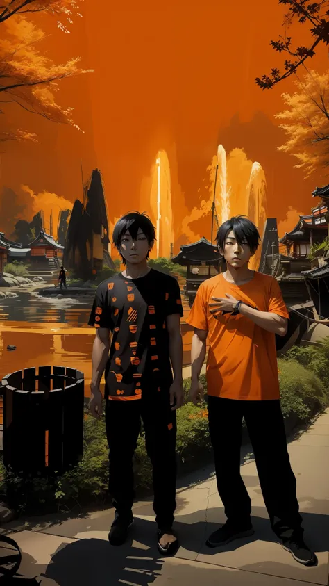 A Japanese man in an orange T-shirt, a Japanese boy in a black T-shirt, anime in artistic form.