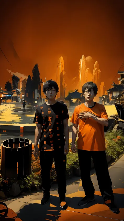 A Japanese man in an orange T-shirt, a Japanese boy in a black T-shirt, anime in artistic form.