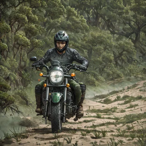 Criar uma fotografia de um homem andando de moto em meio a uma floresta. A moto deve ser do tipo harley davidson e o piloto deve estar usando uma mochila nas suas costas. A moto deve ter a cor verde. Ela deve estar andando em uma estrada de terra. --auto -...