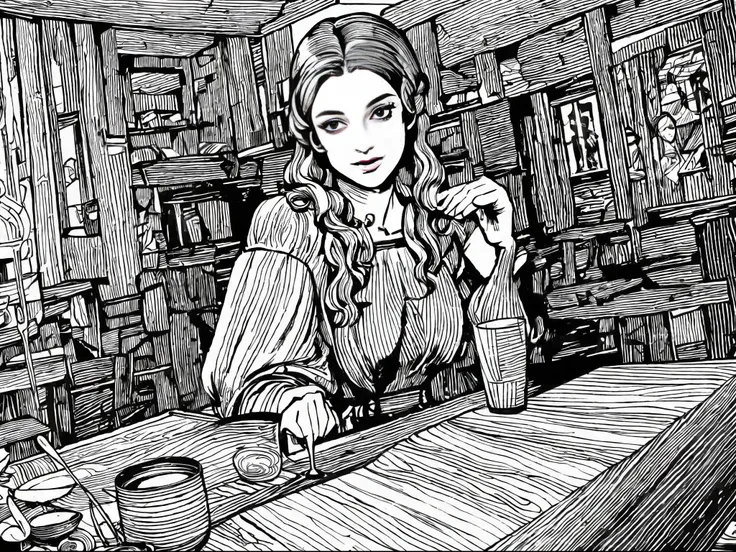 b/w comic style line art illustration, extremely fine lines，light to dark intensity ratio，inside an ancient tavern on medieval e...