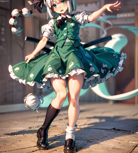 1girl,touhou,(konpaku youmu:1.1),(bobby socks:1.1),waving